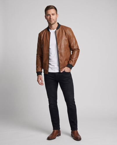 Herren Kunstleder-Bomberblouson im Slim-Cut mit Rippbündchen und verdecktem Reißverschluss Shop Nory
