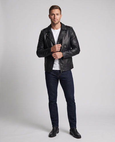 Herren Kunstleder-Motojacke im Slim-Fit mit Schulterpatten und Zipper‑Details Shop Nory