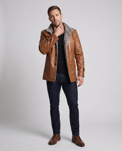Herren Kunstledermantel mit Teddyfleece-Innenfutter, hohem Stehkragen und Schulterepauletten Shop Nory
