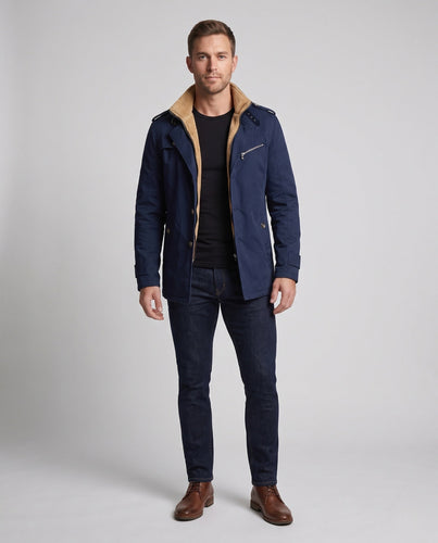 Herren Kurzer Trenchcoat mit Teddyfleece‑Fütterung, Epauletten und Reverskragen Shop Nory