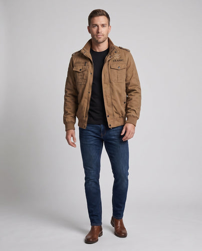 Herren militärisch inspirierte Field-Bomberjacke mit Schulterklappen, Brustpattentaschen und geripptem Bund Shop Nory
