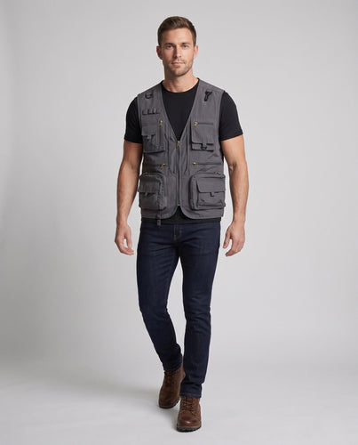Herren Multifunktionale Angler- und Outdoorweste mit Netzfutter, vielen Taschen und Karabinerhaltern Shop Nory