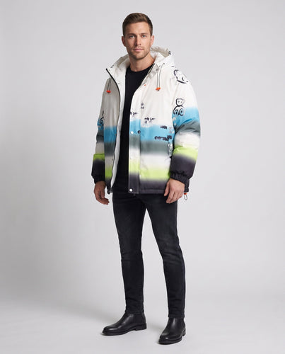 Herren Oversize Wattierte Kapuzenjacke mit Farbverlauf-Print und Cartoon-Applikationen Shop Nory