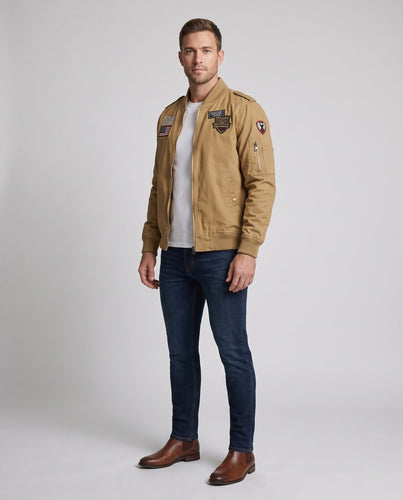 Herren Piloten-Bomberjacke im Canvas-Utility-Stil mit Abzeichen, Ärmeltasche und Rippbündchen Shop Nory