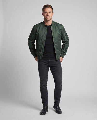 Herren Satinierter Nylon-Bomber im MA-1‑Stil mit Ärmeltasche, Rippbündchen und Zwei‑Wege‑Reißverschluss Shop Nory
