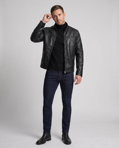 Herren schlanke Kunstleder-Motojacke mit Stehkragen und ergonomischer Ärmelpasse Shop Nory