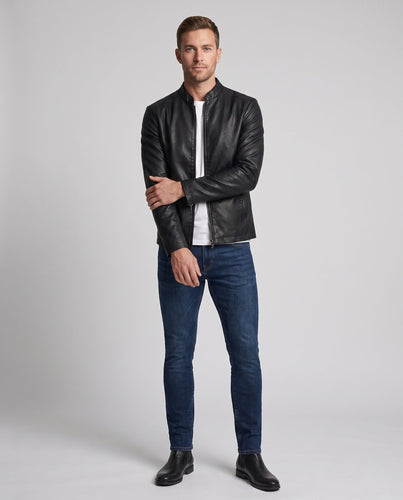 Herren schlanker Kunstleder-Moto-Blouson mit Stehkragen, Reißverschlussärmeln und verdeckten Taschen Shop Nory