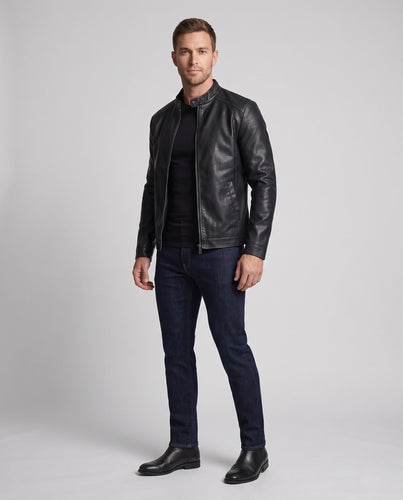 Herren schlanker Lederoptik-Moto-Blouson mit Stehkragen und verdecktem Reißverschluss Shop Nory