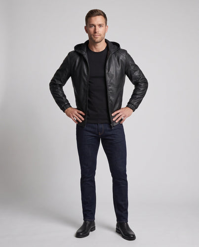 Herren Slim-Fit Kunstleder-Kapuzenjacke mit durchgehendem Reißverschluss und minimalistischer Linienführung Shop Nory