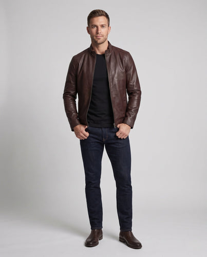 Herren Slim-Fit Kunstlederblouson mit thermo-Teddyfutter und verdecktem Zweiwege-Reißverschluss Shop Nory