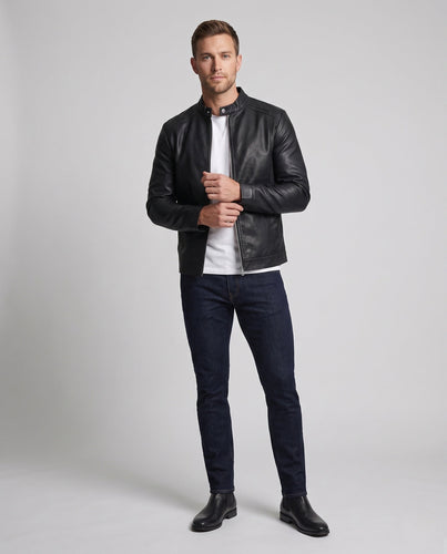 Herren taillierter Lederoptik-Blouson im Racer‑Minimalstil mit Stehkragen und verdecktem Reißverschluss Shop Nory