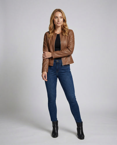 Leder-Bikerjacke für Damen mit langen Ärmeln Übergangsjacke lässig monochrom