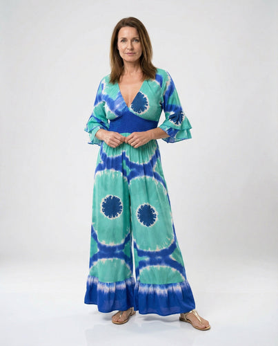 Damen Weit geschnittenes Elegant Jumpsuit mit geschlitztem Dekolleté und Rüschendetails Shopnory