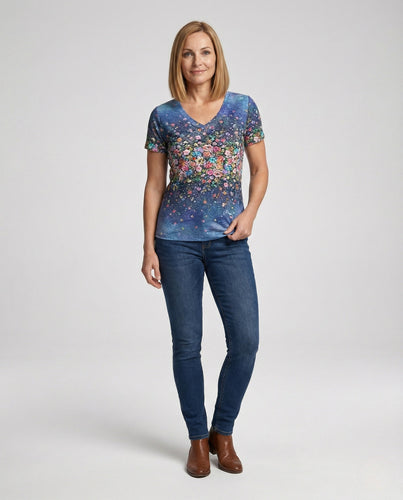 V-Ausschnitt T-Shirt Damen Floral