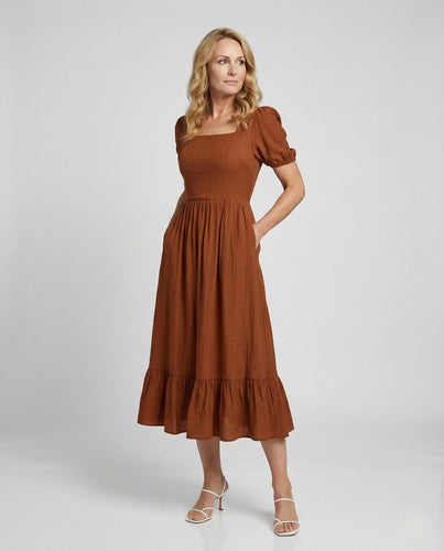 Damen Baumwoll-Leinen Maxikleid mit Puffärmeln