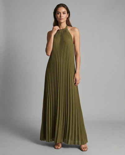 Damen Ärmelloses Plissee Maxikleid mit Stehkragen