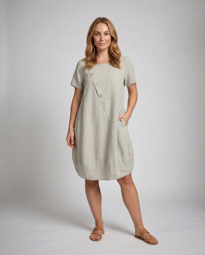 Damen Leinen Kurzkleid in A-Linie mit Taschen