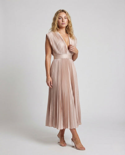 Damen Plissee Midikleid mit V-Ausschnitt