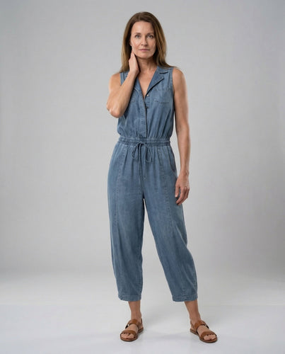 Damen ärmelloser Denim Jumpsuit mit Hemdkragen & Kordelbund Wide Leg