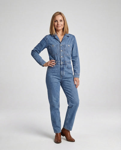 Damen Jeans Overall mit Hemdkragen & Gürtel Wide Leg