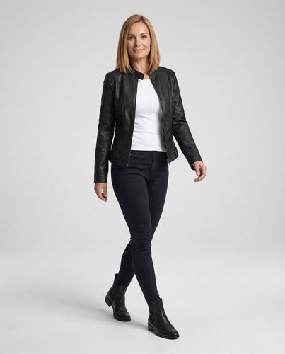 Damen Kunstlederjacke mit Reißverschlusstaschen Slim Jacket