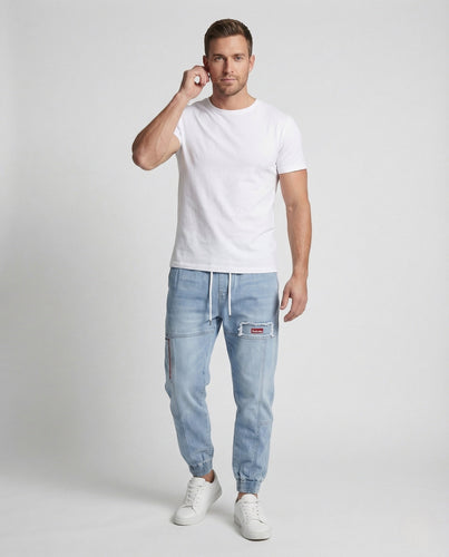 Herren Jeans Jogger mit Cargotaschen Denim Jogginghose