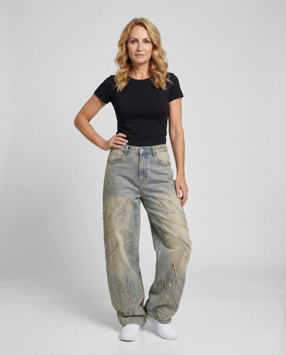 Unisex Destroy Jeans weit mit Cutouts und Fransen