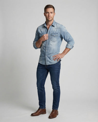 Herren Jeanshemd Slim Fit mit Druckknöpfen und Brusttaschen