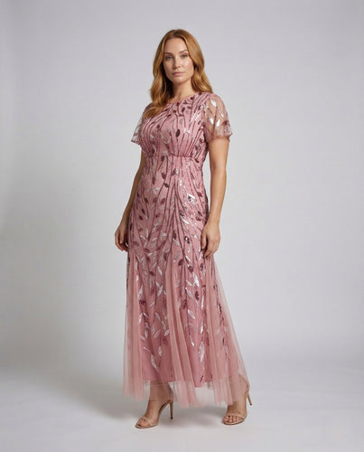 Damen Tüll Abendkleid Pailletten Stickerei Transparente Ärmel
