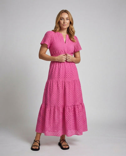 Damen Maxikleid Lochstickerei Kurzarm Stufenrock