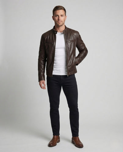 Herren Lederjacke Bikerstil Stehkragen