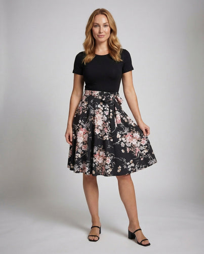 Damen Midikleid Blumenmuster Tellerrock