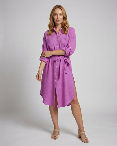 Damen Musselin Hemdkleid Gürtel Schlitz