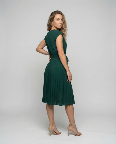 Damen Midikleid Plissee Gürtel Rundhals