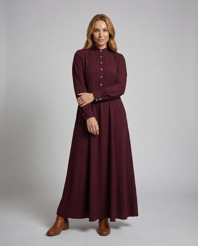 Damen Maxikleid Stehkragen Knopfleiste