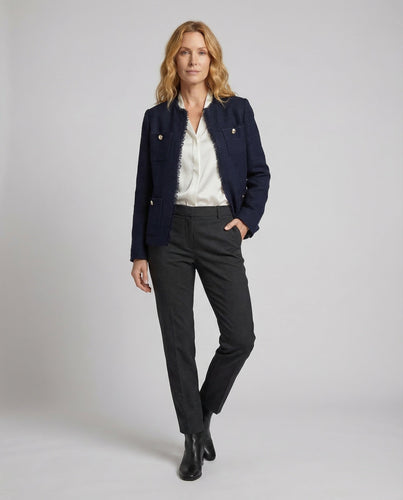 Damen Kragenlose Boucle Jacke mit Fransenbesatz