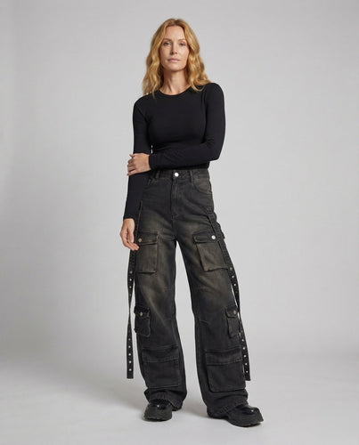 Damen Baggy Jeans-Arbeitshose Seitengurte