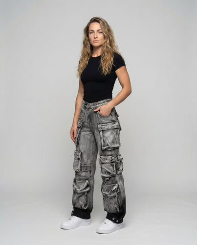 Damen Utility-Denim-Hose Verstellbare Beinriemen