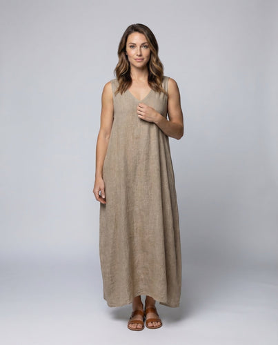 Damen Leinen-Midaxi-Kleid Gerundeter Saum