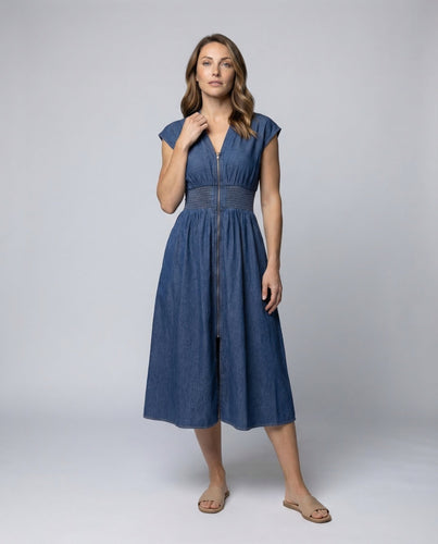 Damen Chambray-Midikleid Durchgehender Frontreißverschluss