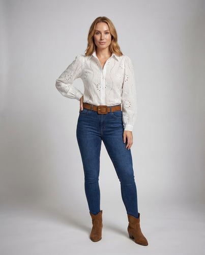 Damen Broderie-Anglaise-Hemdbluse Puffärmel