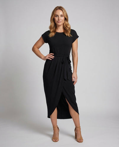 Damen Jersey-Midikleid Tulpenrock Bindegürtel