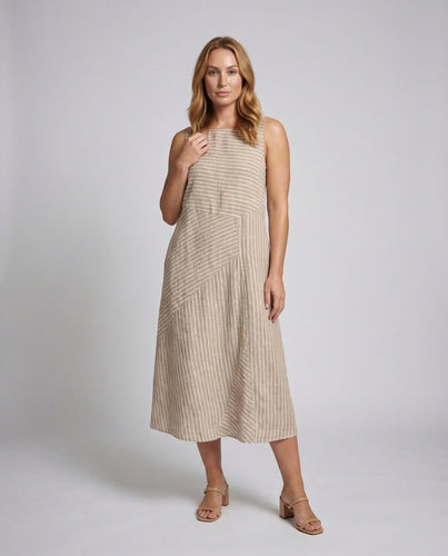 Damen Leinenmix-Midikleid Diagonale Streifenoptik