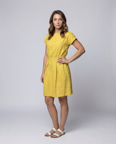 Damen Leinen-Midikleid Elastische Taillenpasse