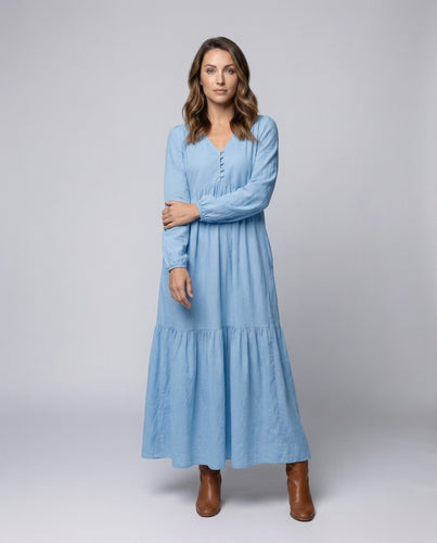 Damen Leinen-Maxi-Kleid Volantstufe Beinschlitz
