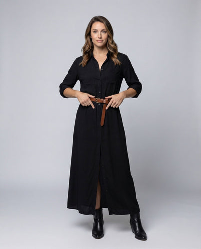 Damen Hemdblusenkleid Taillengürtel Seitenschlitze