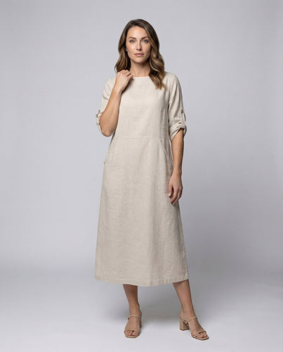 Damen Leinenmix-Midikleid Krempelärmel