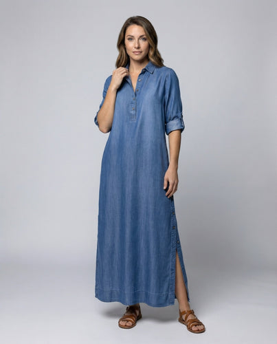 Damen Hemdkleid Maxilänge Seitenschlitze