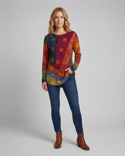 Damen Boho-Longshirt Patchwork Ziernähte