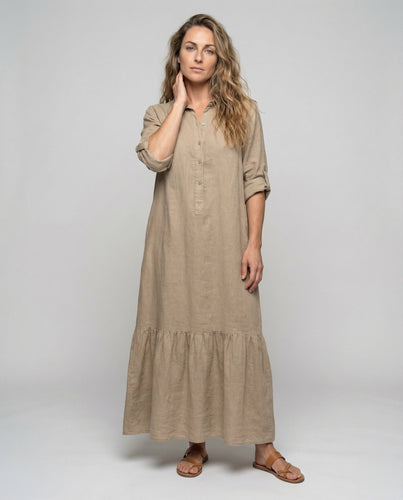 Damen Hemd-Maxikleid Leinenoptik Stufenvolant